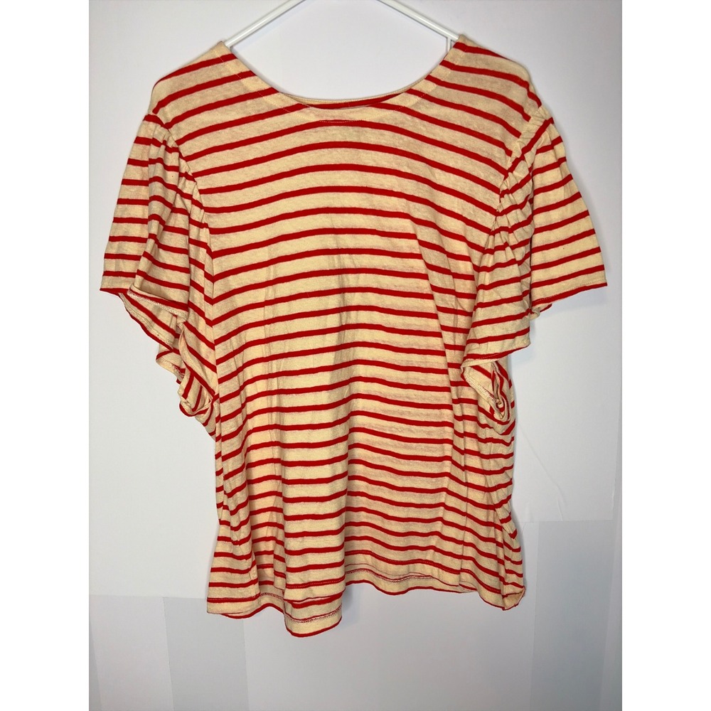 Madewell Flutter Sleeve Top 2X Nautical Red Cream Striped Cotton Ruffle Shirt